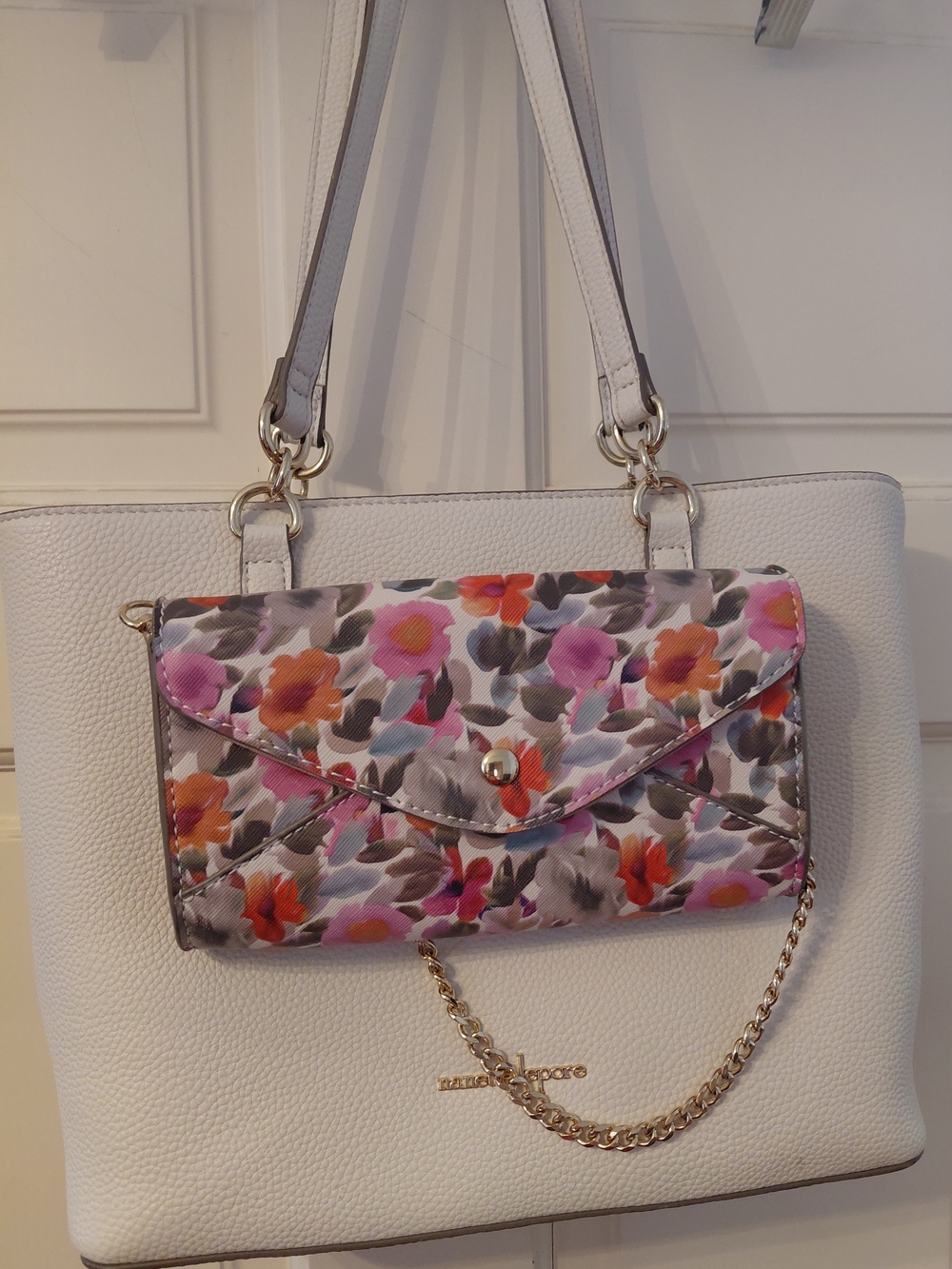 Nanette LAPORE Vegan Bone Tote with Removable Floral Wallet Clutch 2 Bags In 1